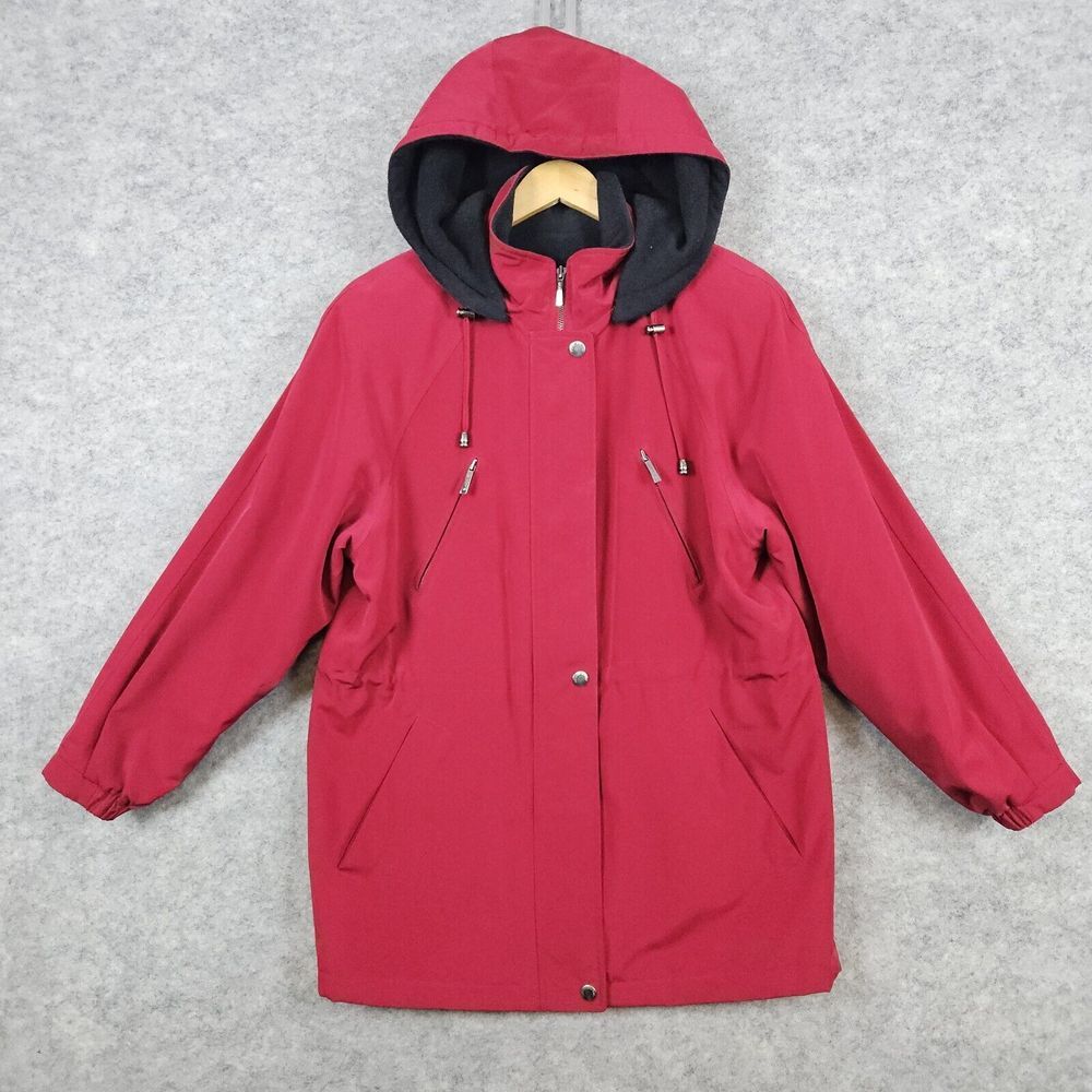 Liz‎ Claiborne Women's Burgundy Long Coat Size S Detachable Hood Zip/Snap FLAW